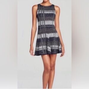 Alice + Olivia Black and Gray Striped Fit-and-Flare Mini Dress